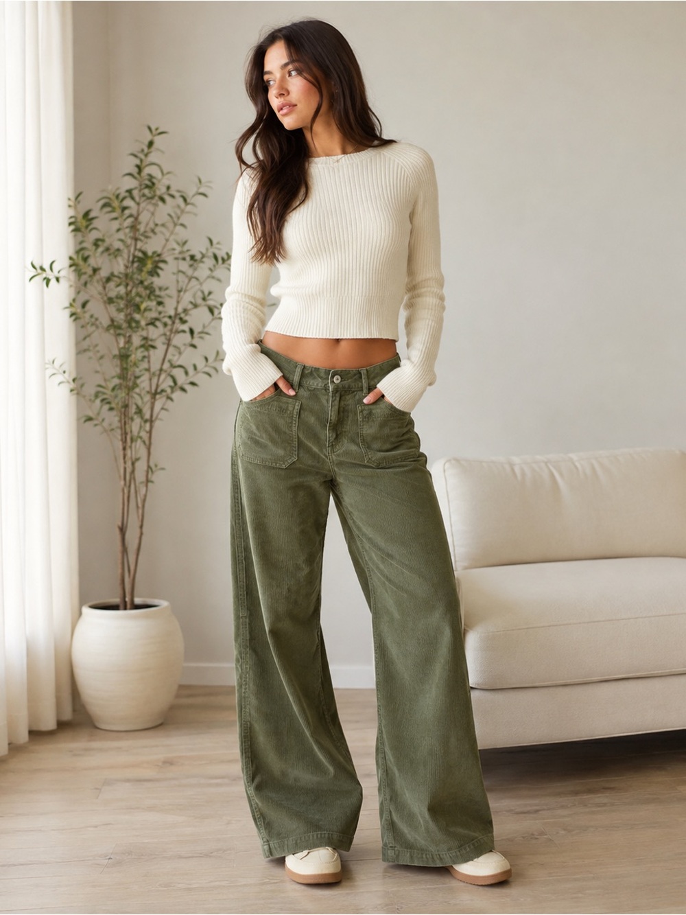 American Eagle Olive Corduroy Low Rise Baggy Wide Leg Pants 14